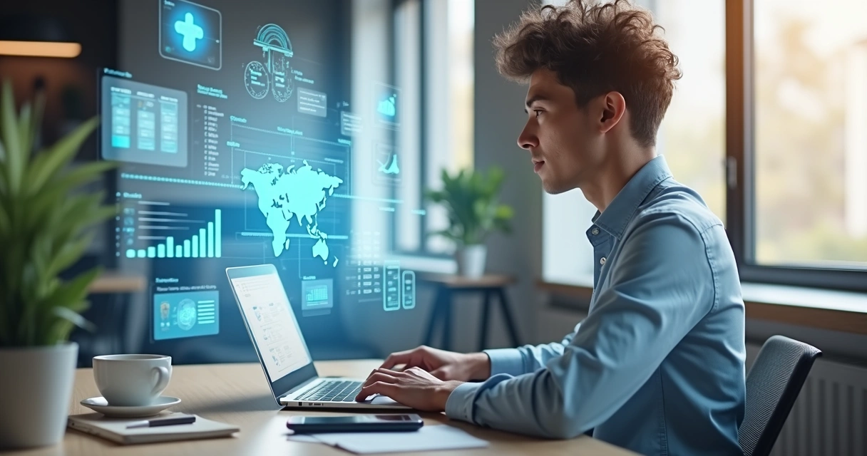 Mentor trabalhando em notebook com gráficos e planejamento de curso online em ambiente iluminado e moderno 