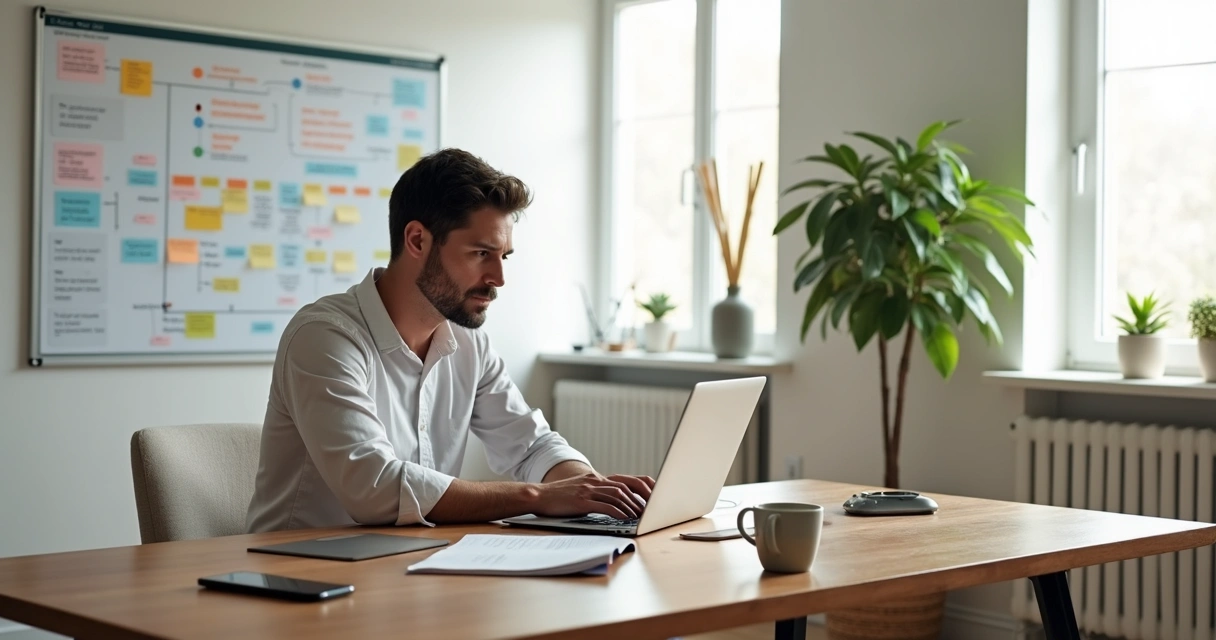 Mentor planejando um curso online em laptop com anotações e ideias organizadas à sua volta 