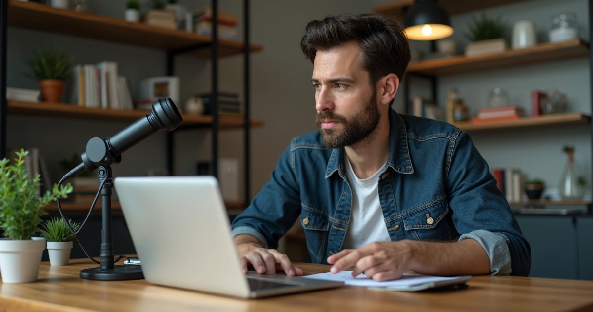 Mentor produzindo conteúdo digital em escritório com notebook 