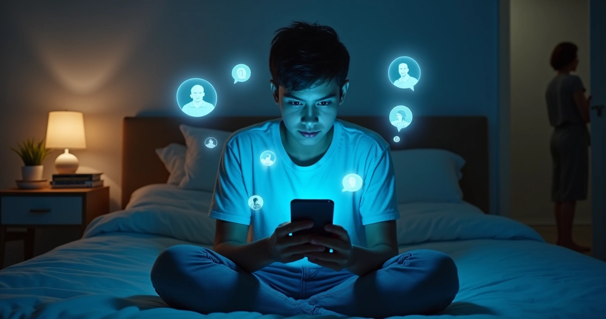 Joven mirando el móvil rodeado de avatares luminosos y una figura adulta difuminada al fondo 