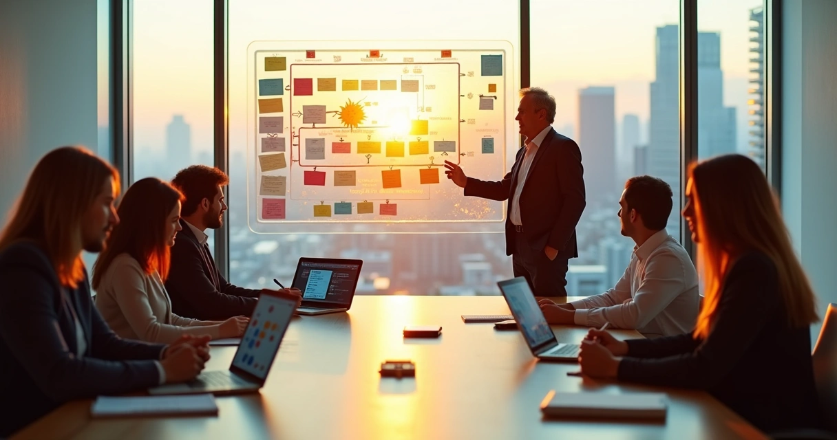 Mentor experiente liderando reunião estratégica com grupo em escritório moderno 