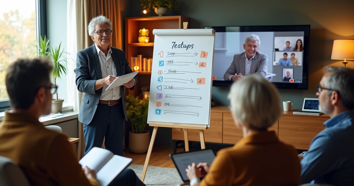 Profissional 50 mais conduzindo mentoria em grupo com quadro de anotações e participantes atentos 