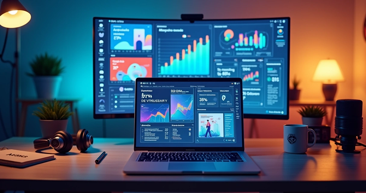Mentor gerenciando campanha de tráfego pago em notebook com dashboards coloridos 