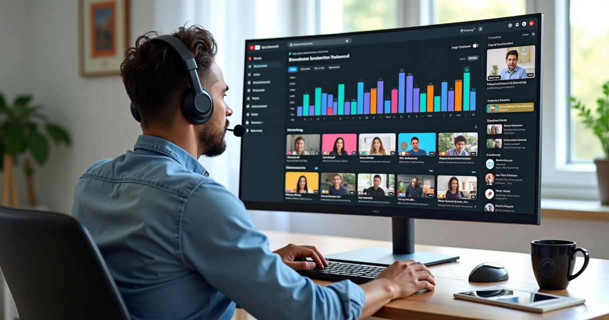 Mentor utilizando YouTube Studio no computador, com gráficos de desempenho e vídeos educativos na tela 