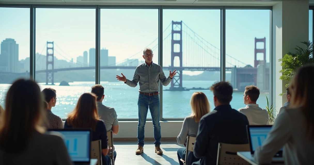 Steve Blank palestrando em um ambiente moderno de conferência no Vale do Silício 