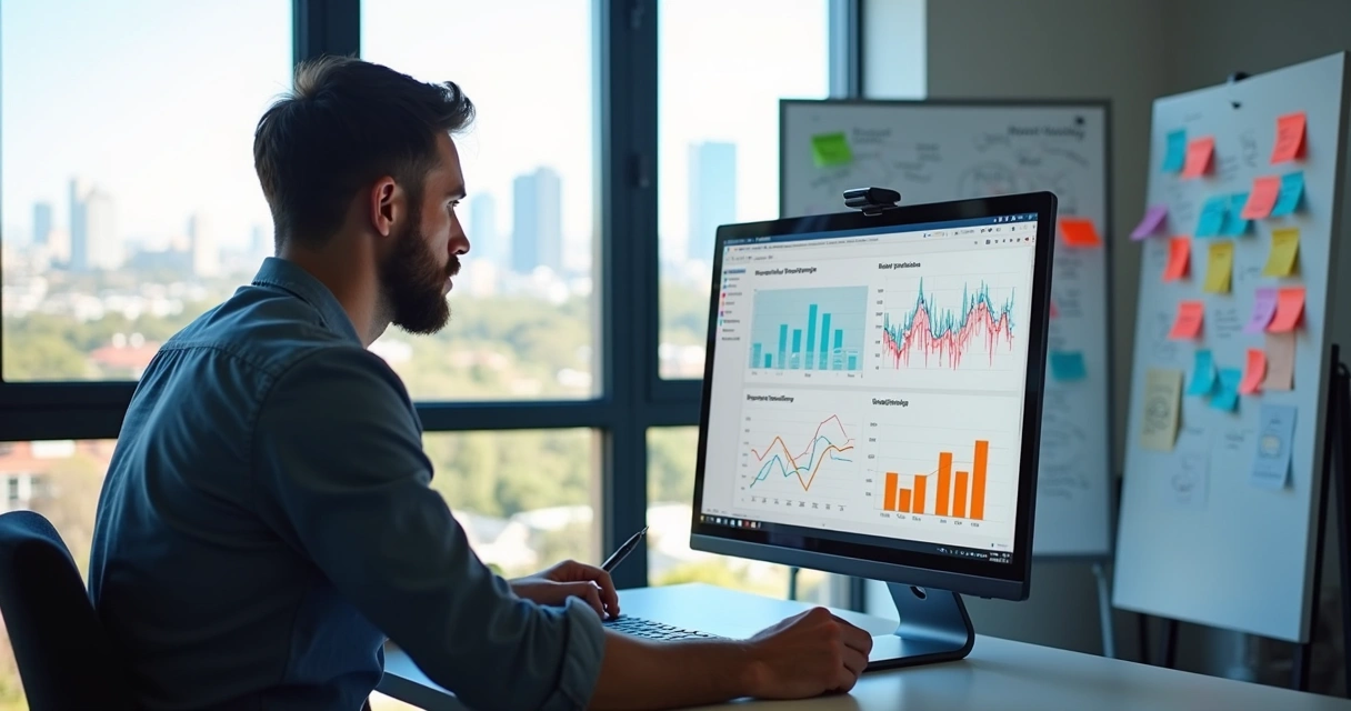 Mentor no Vale do Silício em escritório moderno com computador e quadro branco 