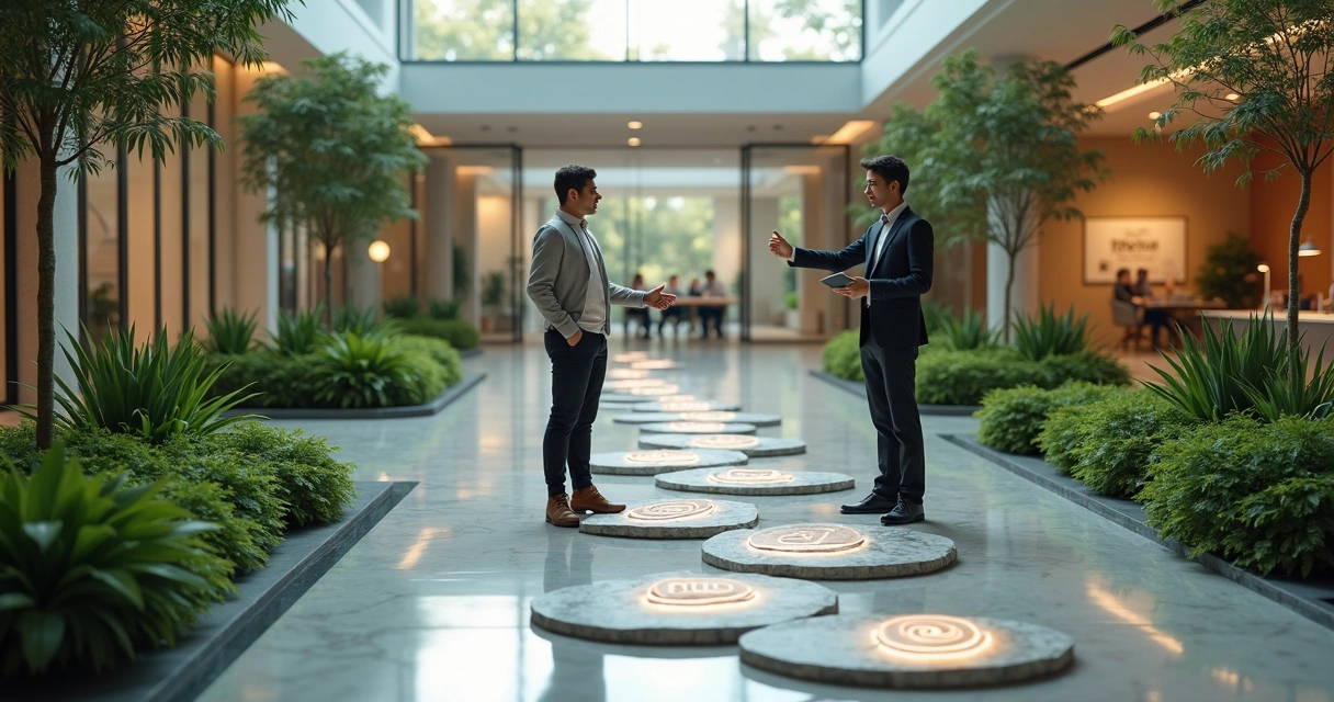 Office scene where a mentor, a manager and a young professional stand at the edge of a symbolic indoor garden path 