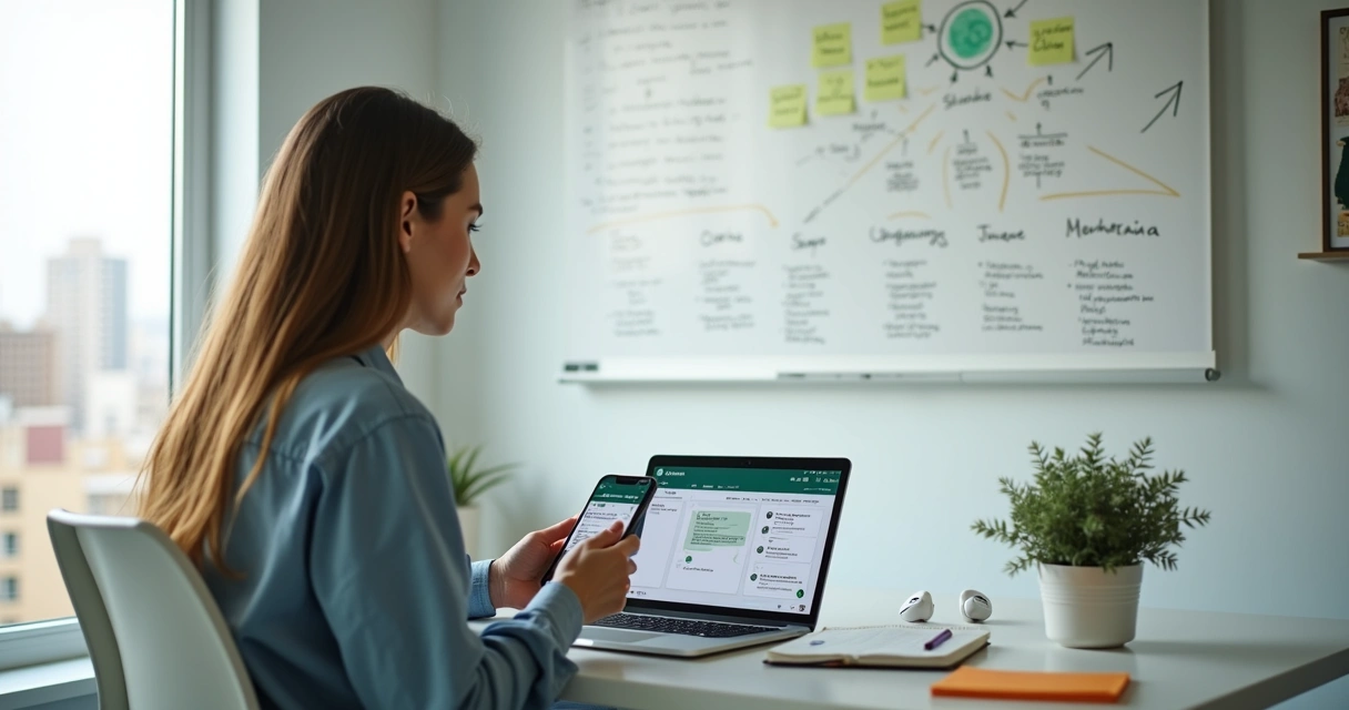 Mentor organizando mentoria online pelo WhatsApp Business em ambiente profissional moderno 