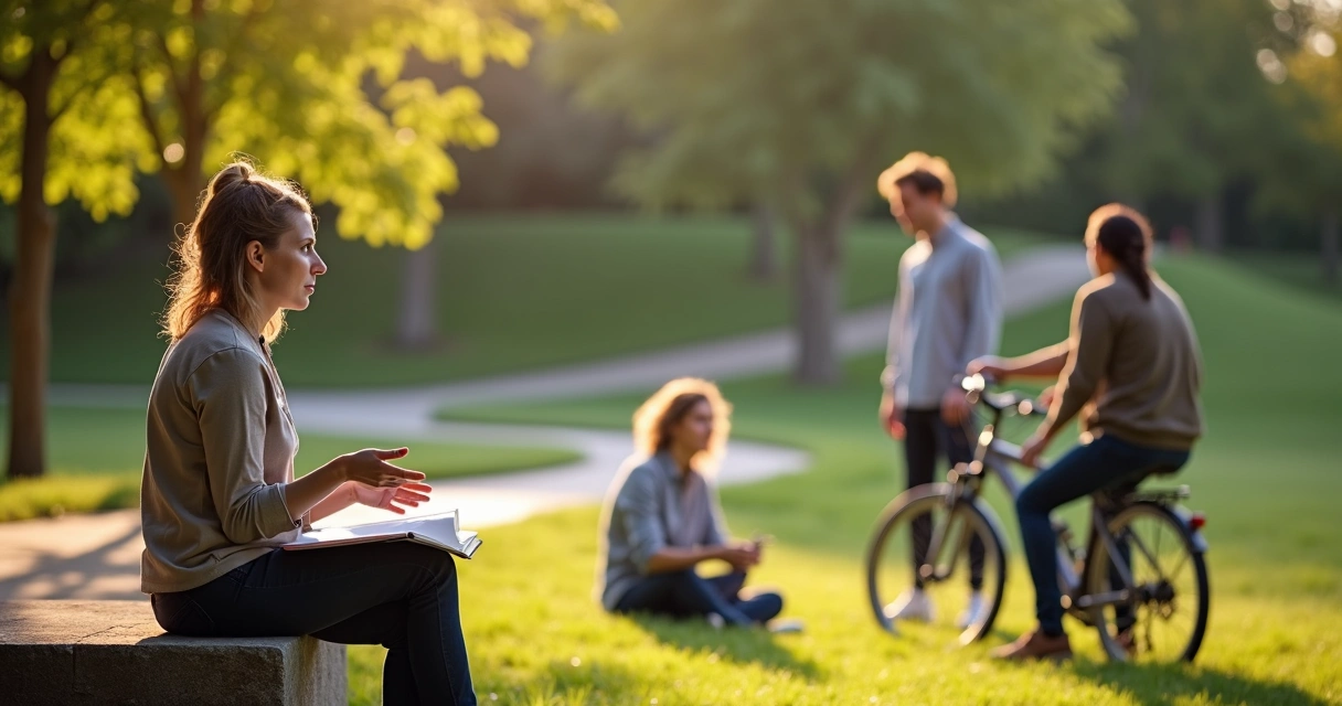 Mentora orienta três pessoas em caminhos diferentes em parque urbano 