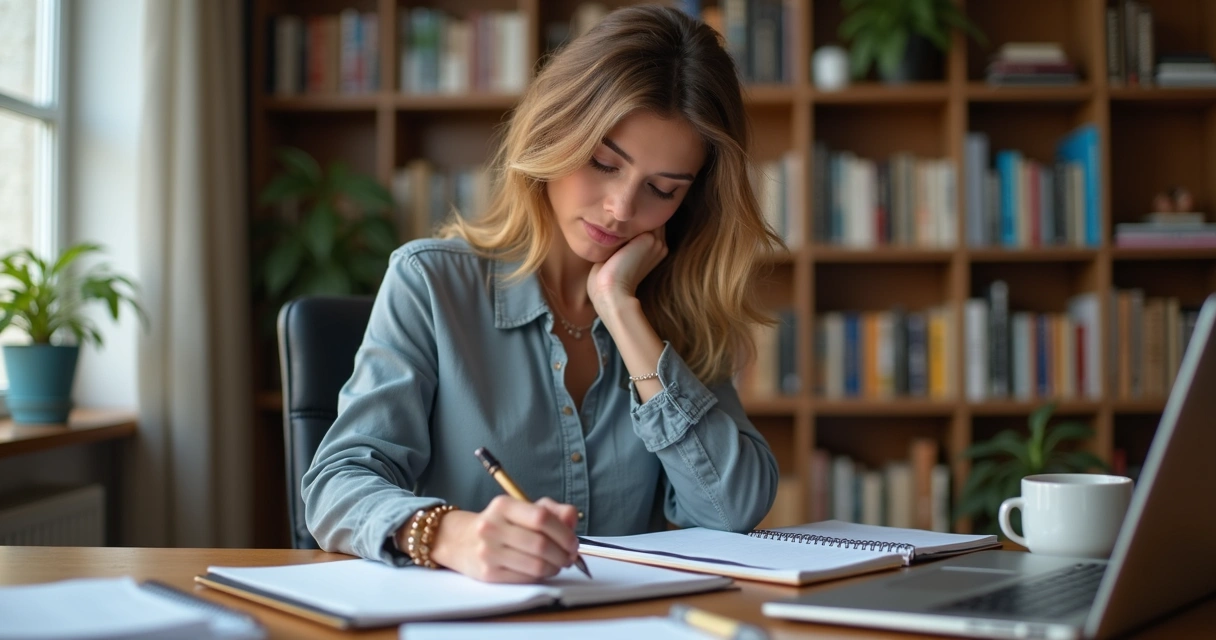 Mentora escrevendo anotações em caderno 