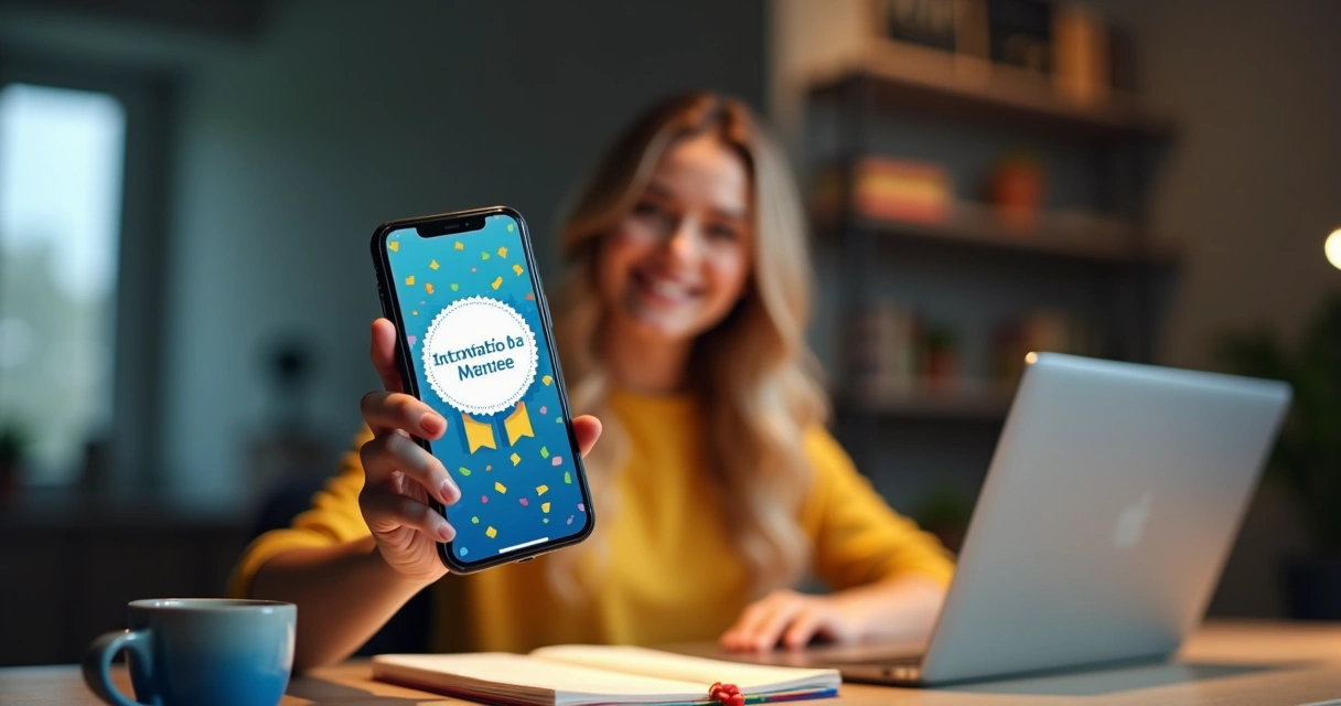 Mentorado segura celular exibindo conquista digital na tela