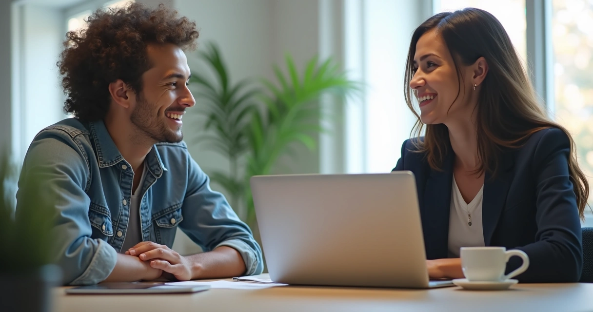 Mentorado recebendo orientação em reunião por videochamada, ambos sorrindo, ambiente iluminado. 