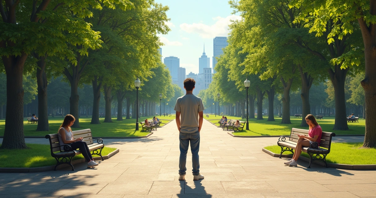 Mentorado observando opções de caminhos em um parque 