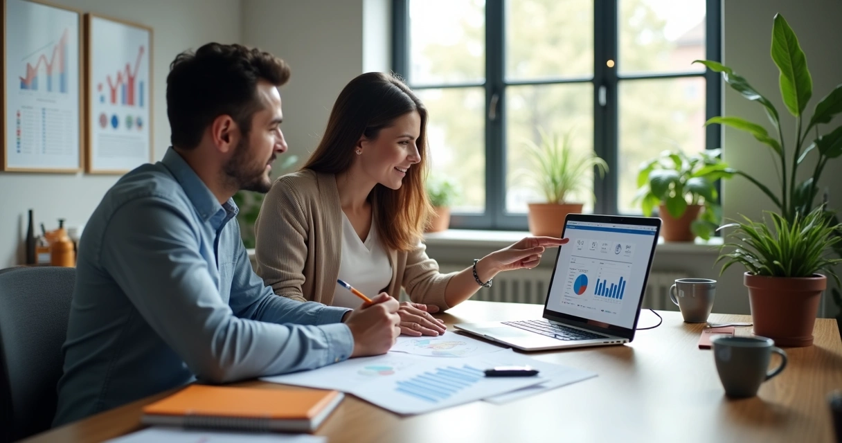 Mentor e mentorado analisando gráficos e anotações numa mesa com laptop e cadernos 