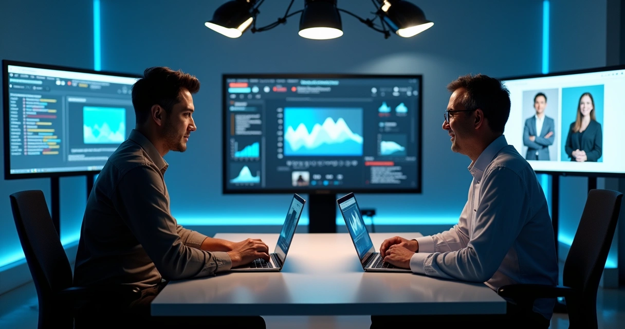 Dois mentores gravando vídeo juntos em estúdio digital 