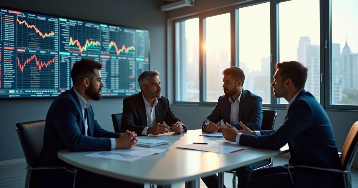 Mentores de trading nacionais e internacionais discutindo estratégias em uma sala com gráficos de mercado exibidos ao fundo