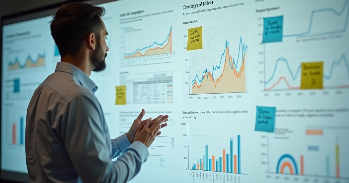 Mentor analisando erros em campanhas no quadro branco com gráficos e post-its