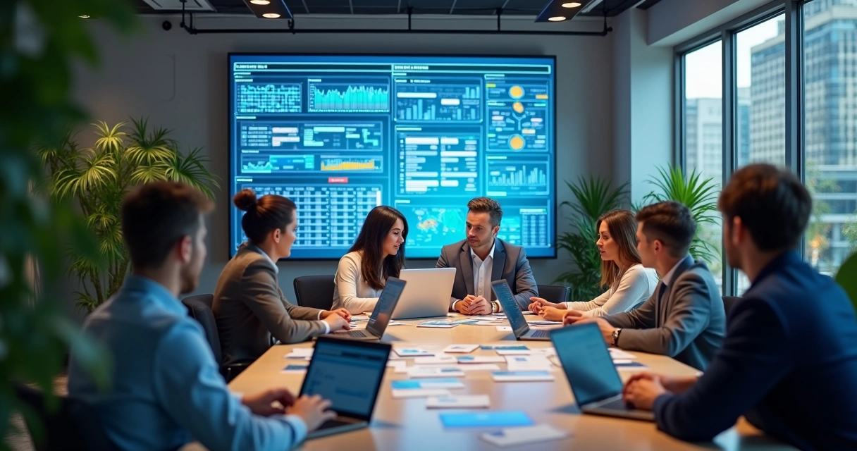 Mentores reunidos em escritório moderno discutindo estratégias para escalar e gerenciar negócio de mentoria com recursos digitais 