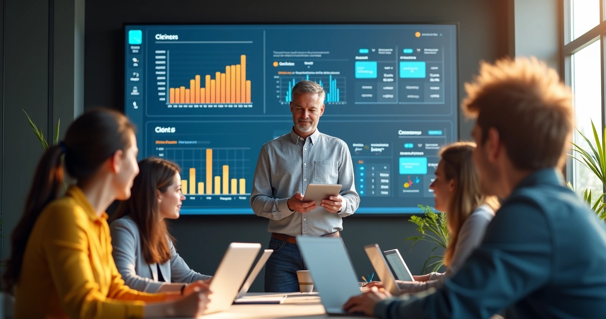 Mentor analisando gráficos em painel digital com equipe 