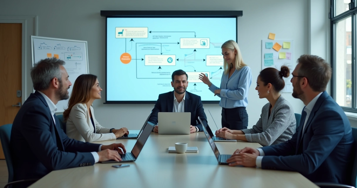 Mentores experientes em reunião virtual colaborando em frente a telas digitais e mapas de processos 