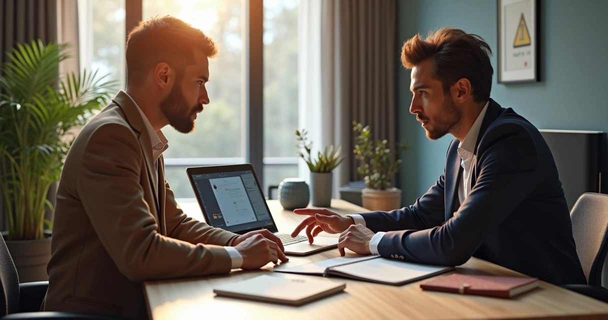 Mentor e mentorado em sessão de consultoria individual com laptop e anotações em ambiente profissional organizado 