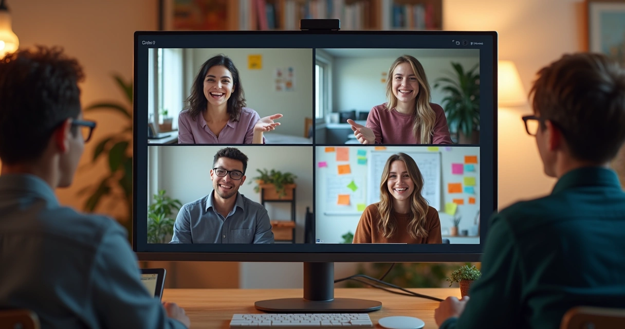 Mentores e alunos em videoconferência colaborando e discutindo 