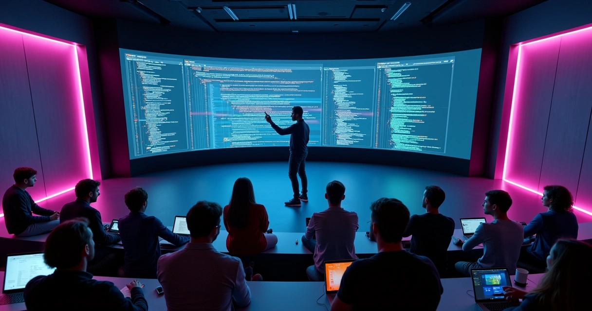 Mentor e grupo observam painel gigante com aplicativo sendo construído com IA 