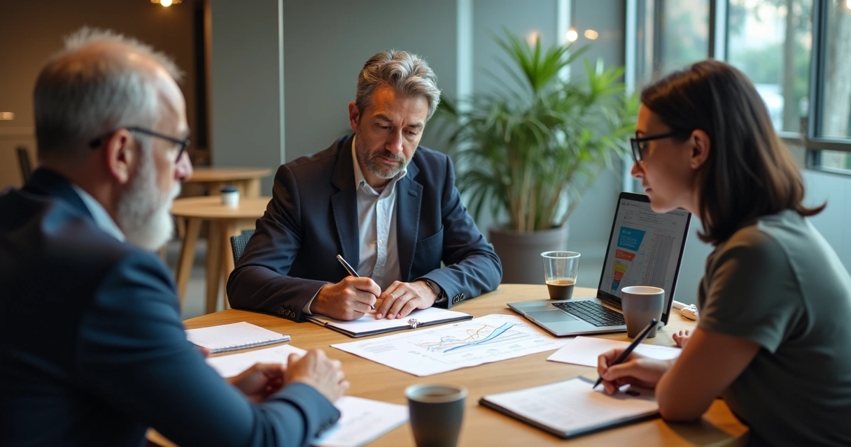 Empresário em mentoria analisando decisões com dois conselheiros em mesa redonda 