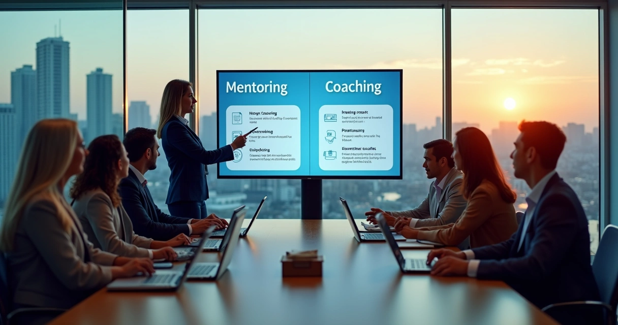 Reunião de mentoria e coaching em equipe global em videoconferência 