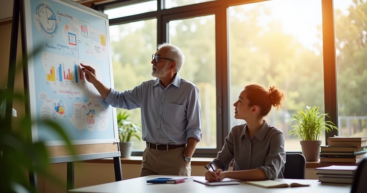 Mentor y coach conversan en una oficina moderna con pizarras al fondo 