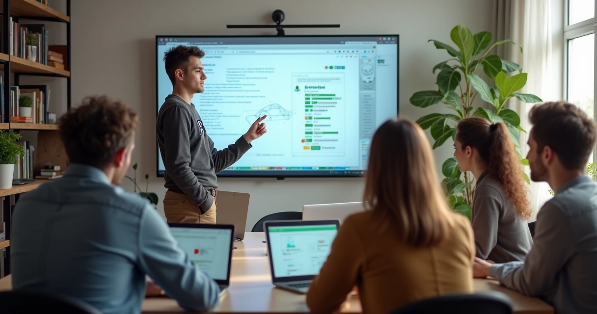 Pessoa explicando em lousa digital com grupo de pessoas atentas em laptops ao redor