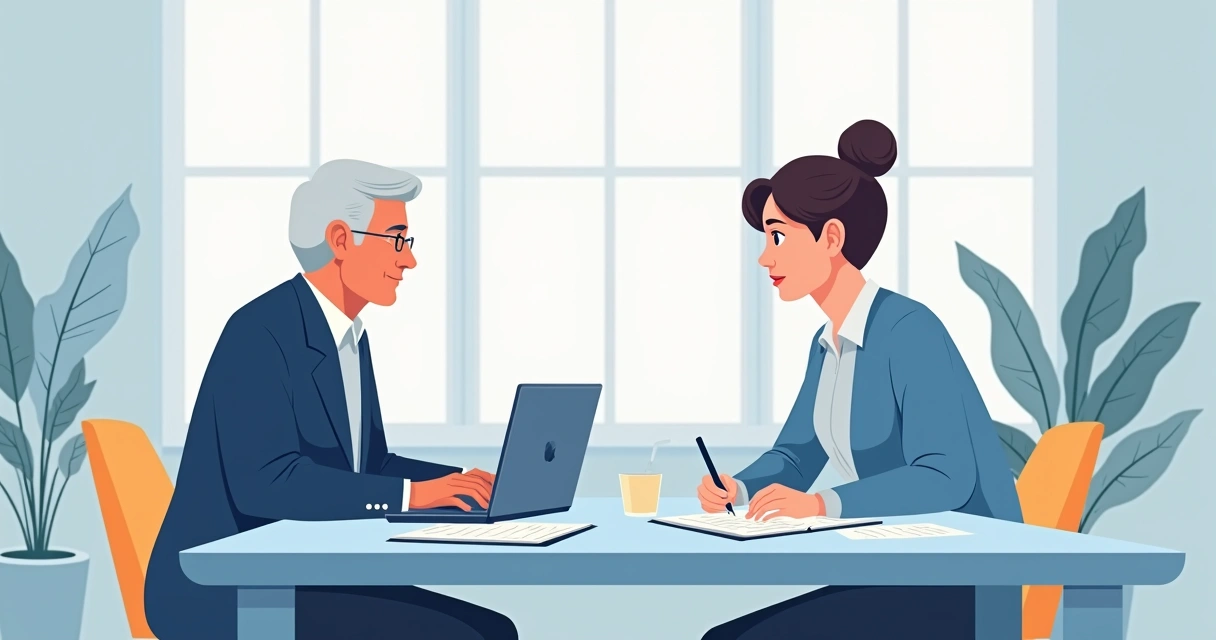 Mentor e mentorado compartilhando experiências em uma mesa de reunião 