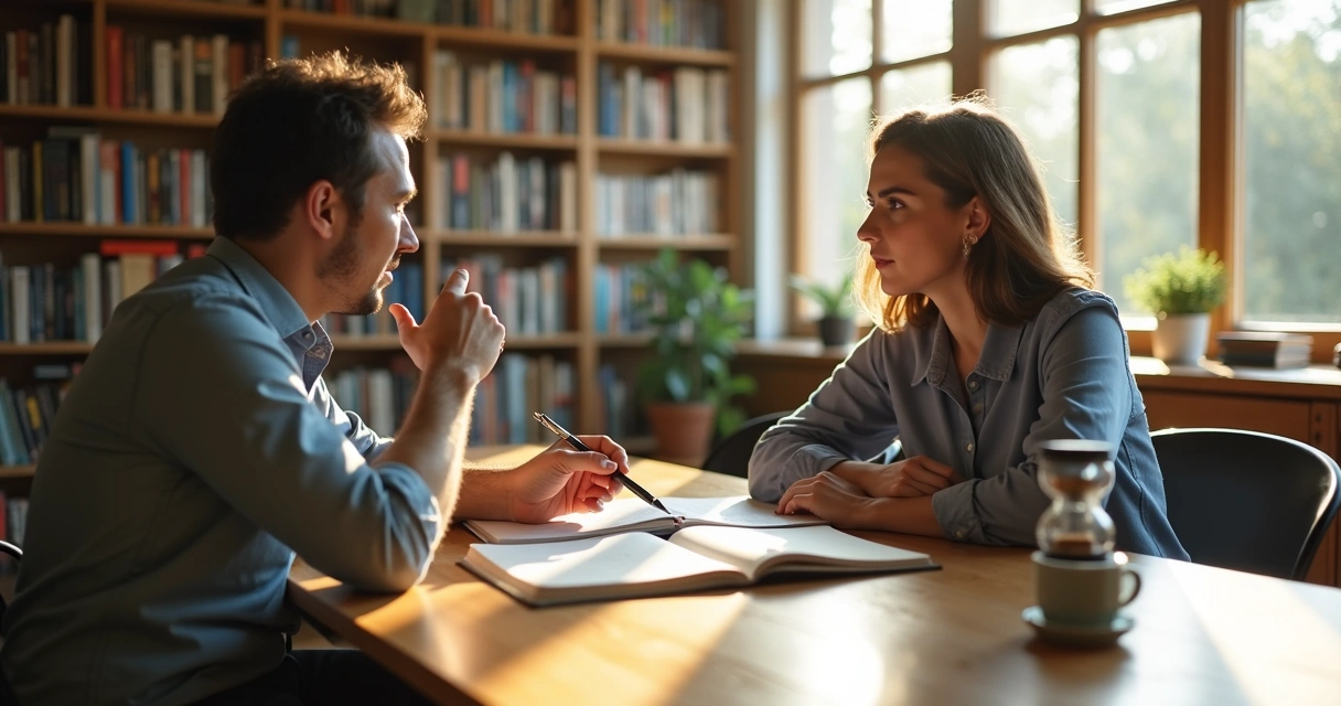 Mentor y aprendiz conversando en una biblioteca con cuaderno abierto entre ambos 
