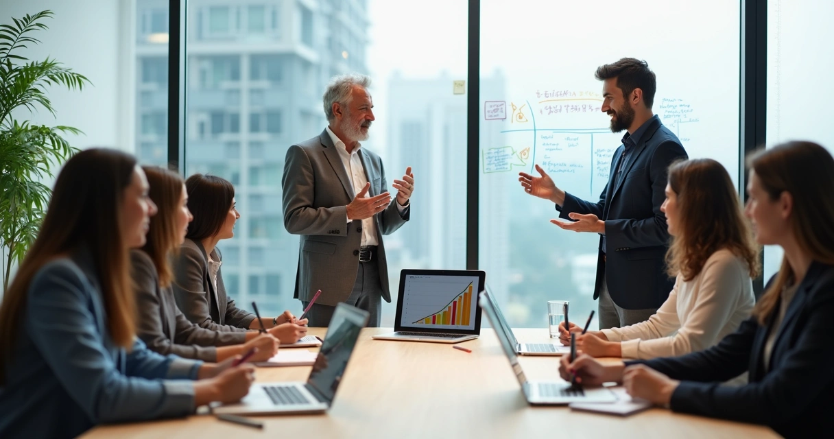 Mentor conduz reunião colaborativa com equipe em ambiente moderno 
