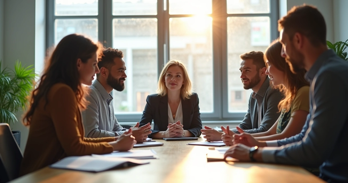 Grupo em reunião, mentor ouvindo atenciosamente 