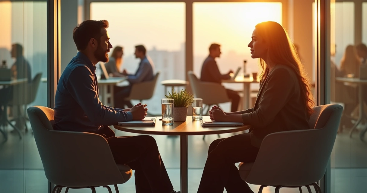 Mentor orientando funcionários em sala reservada de escritório moderno 
