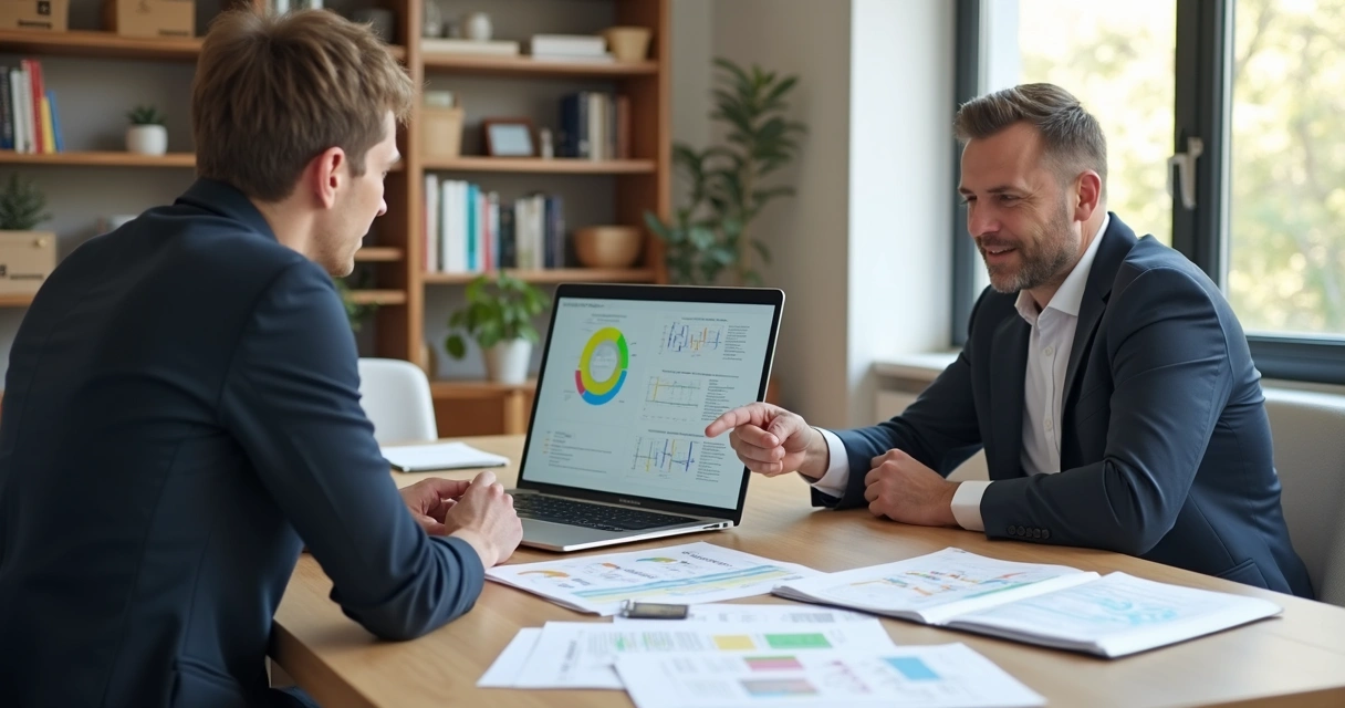 Consultor explicando processo de Fulfillment a lojista com gráficos em notebook 