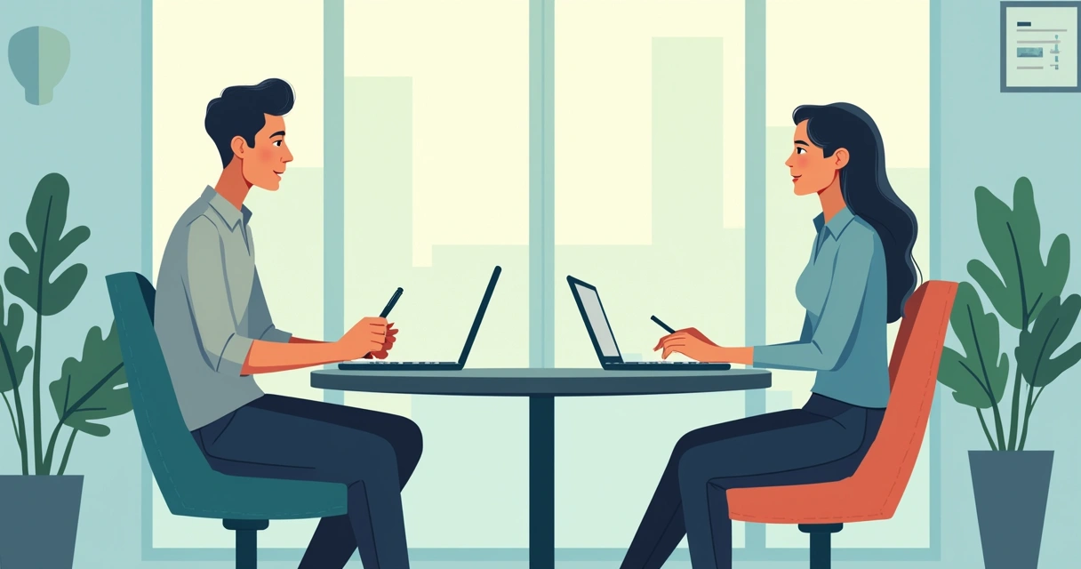 Duas pessoas conversando informalmente em um escritório 
