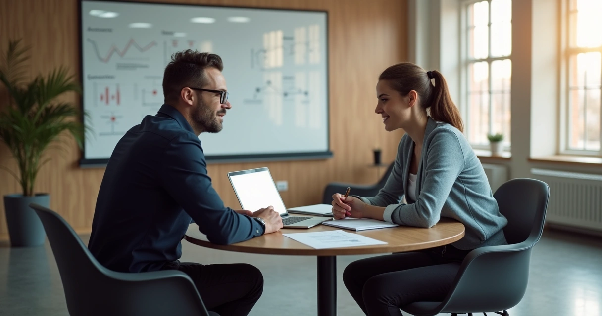 Mentoria individual em ambiente corporativo com dois profissionais conversando 