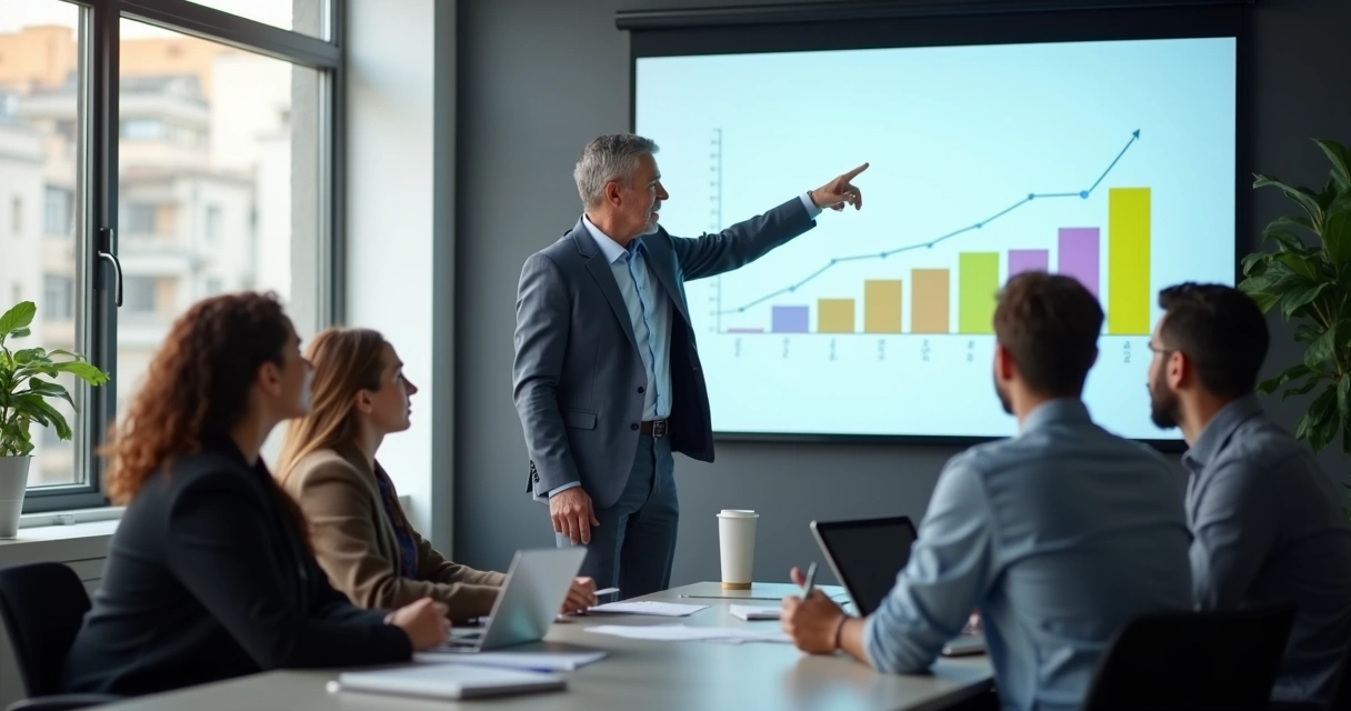 Mentor orientando time de agência digital em sala 