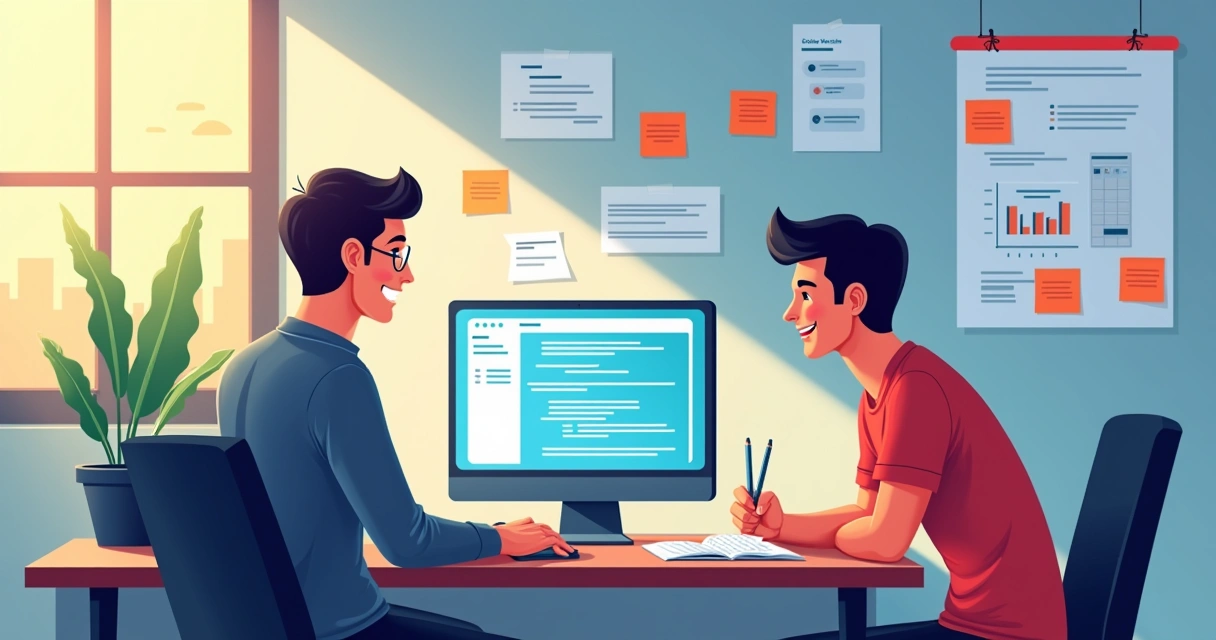 Mentor e desenvolvedor júnior interagindo em um escritório moderno, com tela de computador e lousa ao fundo.