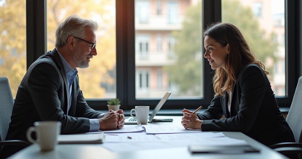 Mentor orientando profissional individualmente em escritório moderno 