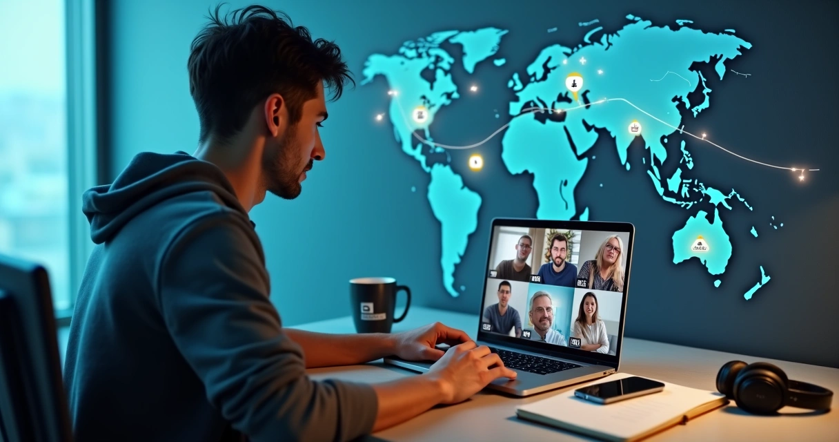 Desenvolvedor em videoconferência de mentoria com mapa mundi e ícones de tecnologia ao fundo 