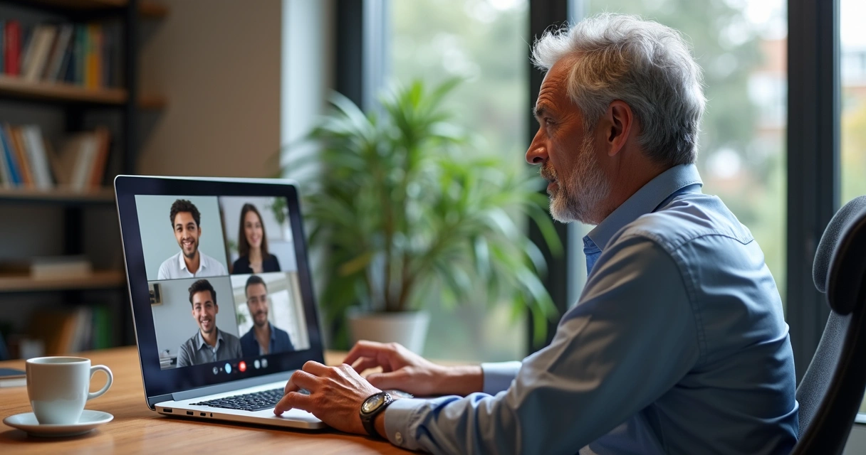 Profissional experiente conduz reunião online com mentores em computador 