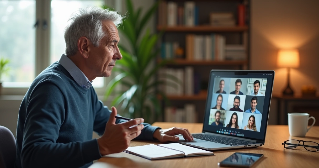 Profissional 50 mais em videochamada conduzindo mentoria digital 