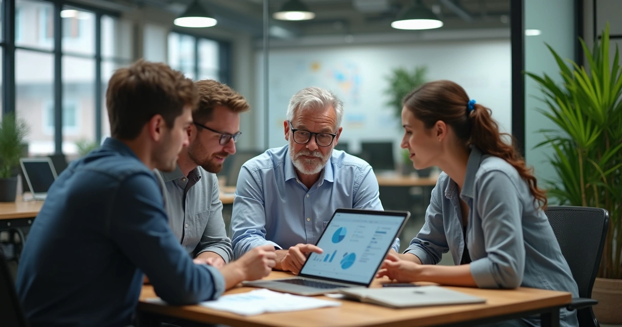 Mentor orientando jovem equipe em espaço de incubadora 