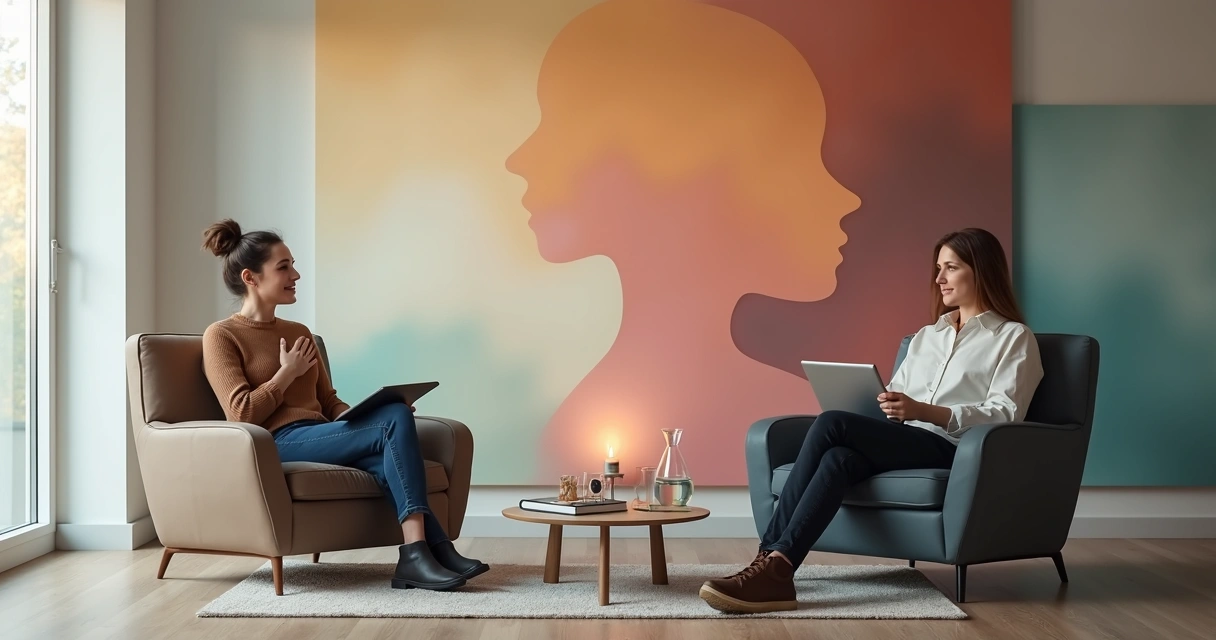 Mentor e pessoa refletindo emoções em sala moderna com painel abstrato 