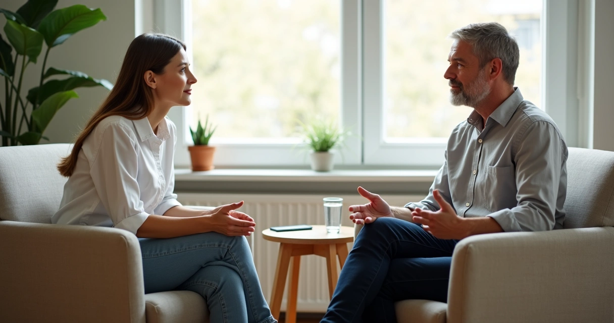 Persona conversando con un mentor en un espacio tranquilo