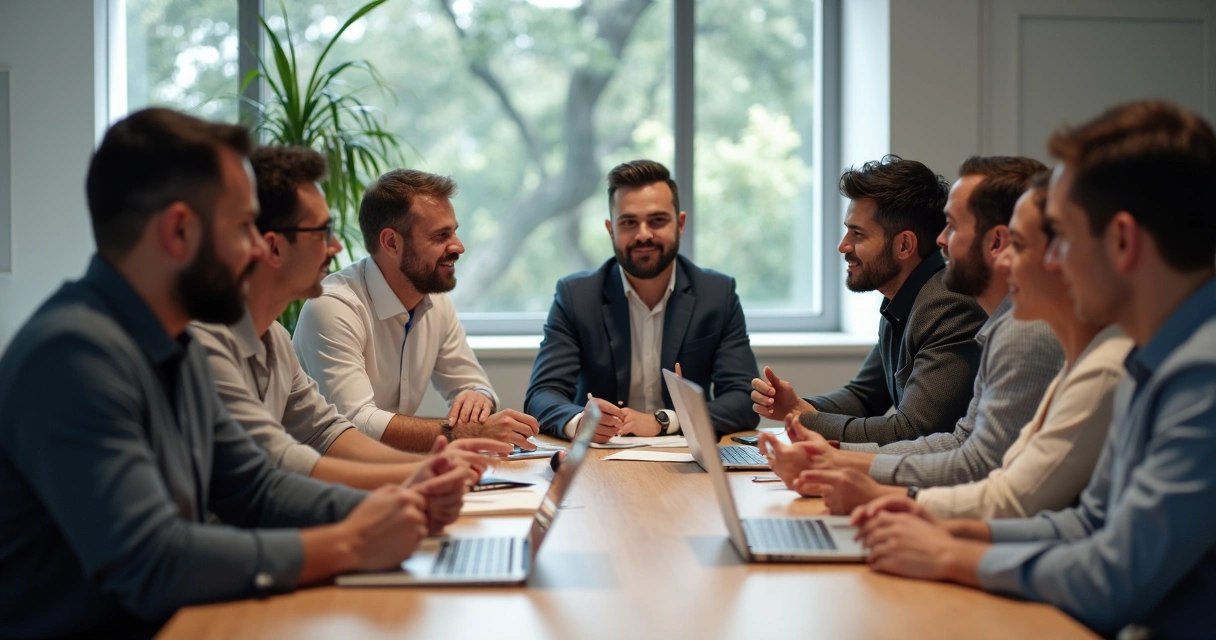 Empresários em mesa de reunião discutindo estratégias e compartilhando conhecimento 