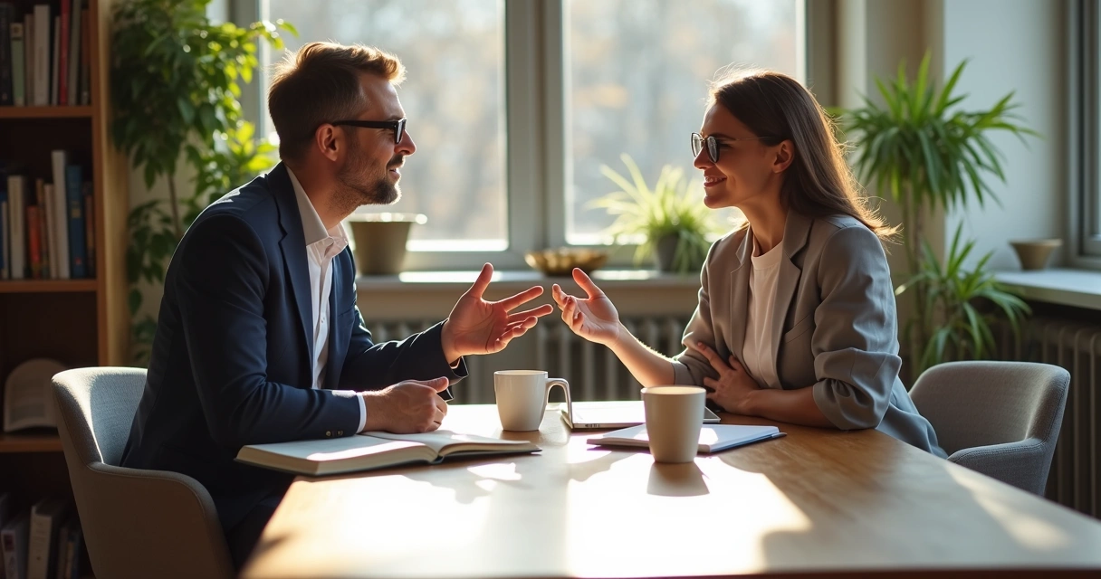 Dois colegas de trabalho conversam durante sessão de mentoria entre pares 